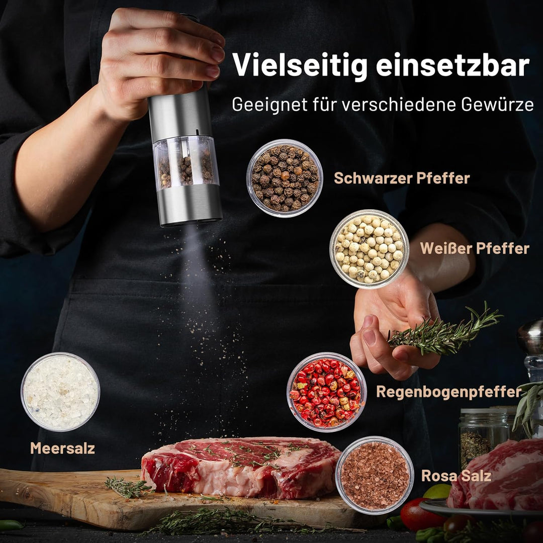 SIMPLETASTE Elektrische Pfeffermühle Salzmühle, mit Verstellbarem Keramikmahlwerk 2er Set Gewürzmühl