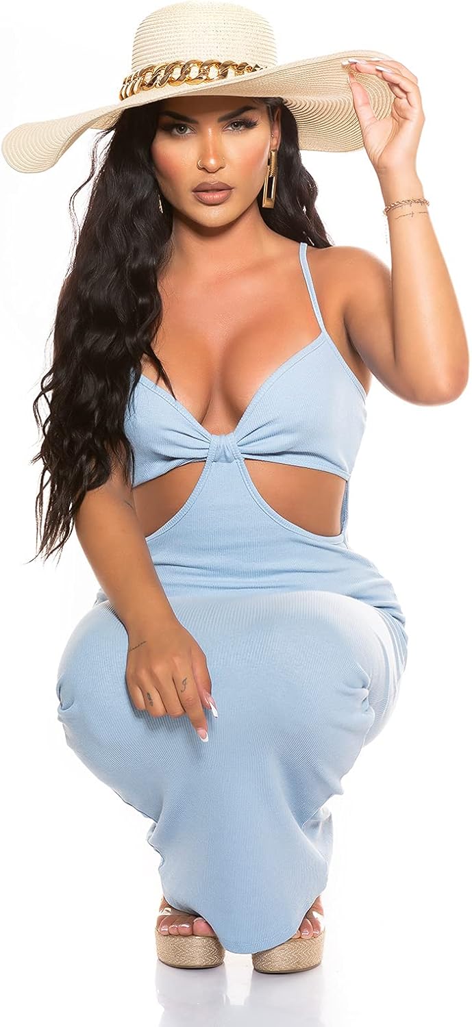 Uni Feinripp Maxi Träger Kleid mit sexy Cutouts, Hellblau