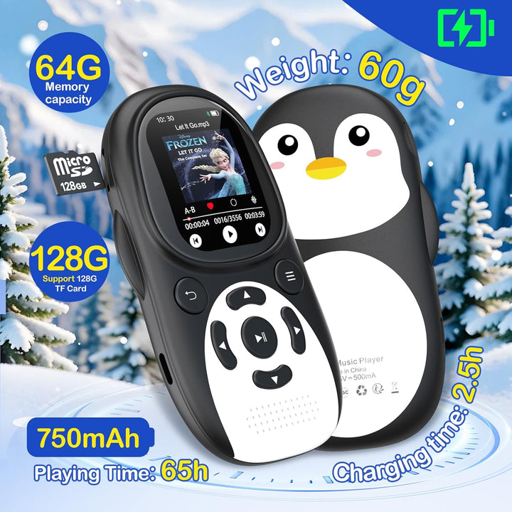 64GB MP3 Player Kinder, Bluetooth 5.3 Lautsprecher Pinguin Design Tragbarer Musikplayer mit 2" IPS B