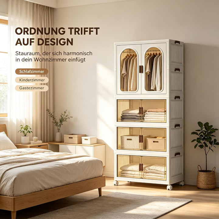 Faltbarer Kleiderschrank mit Rollen, 365L, 3 Ebenen Kunststoffschrank, Transparente Türen, Staubdich