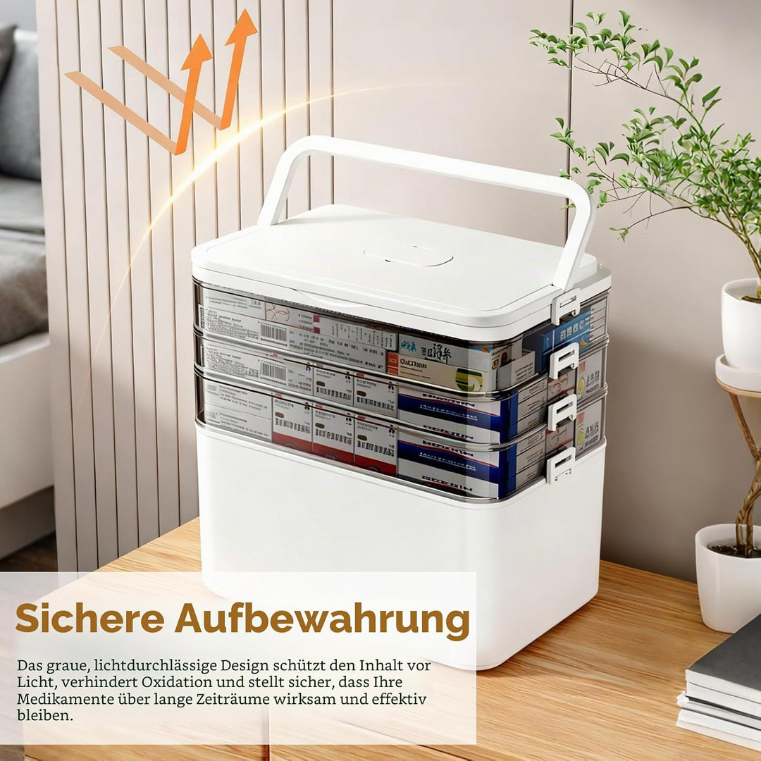 4 Regal Medikamenten Aufbewahrung, Tragbarer Medikamentenbox mit Tragegriff Medikamentenschrank Orga