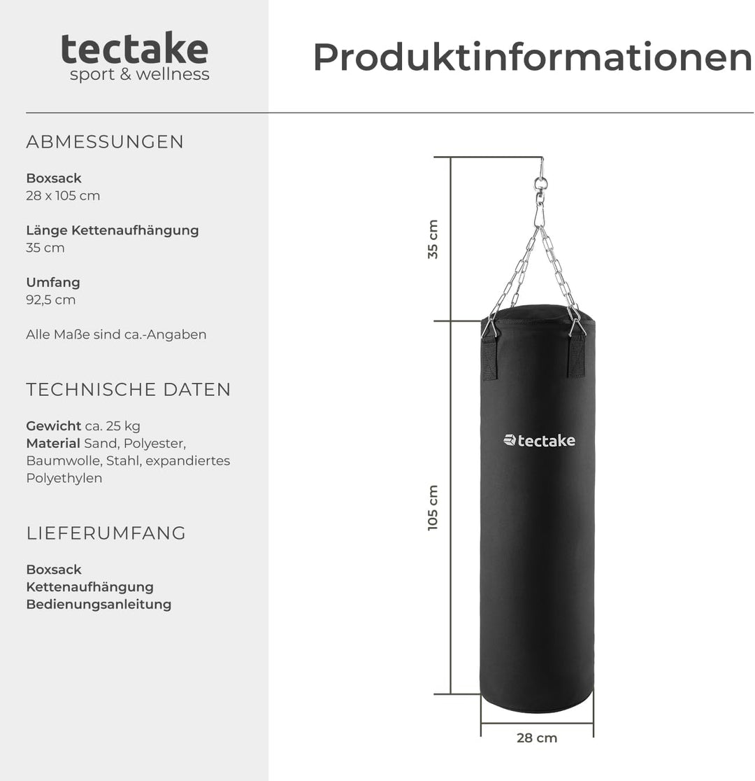 tectake® Boxsack für Zuhause, Sandsack gefüllt mit 25 kg, inkl. Boxsack Halterung 4-Punkt Stahlkette