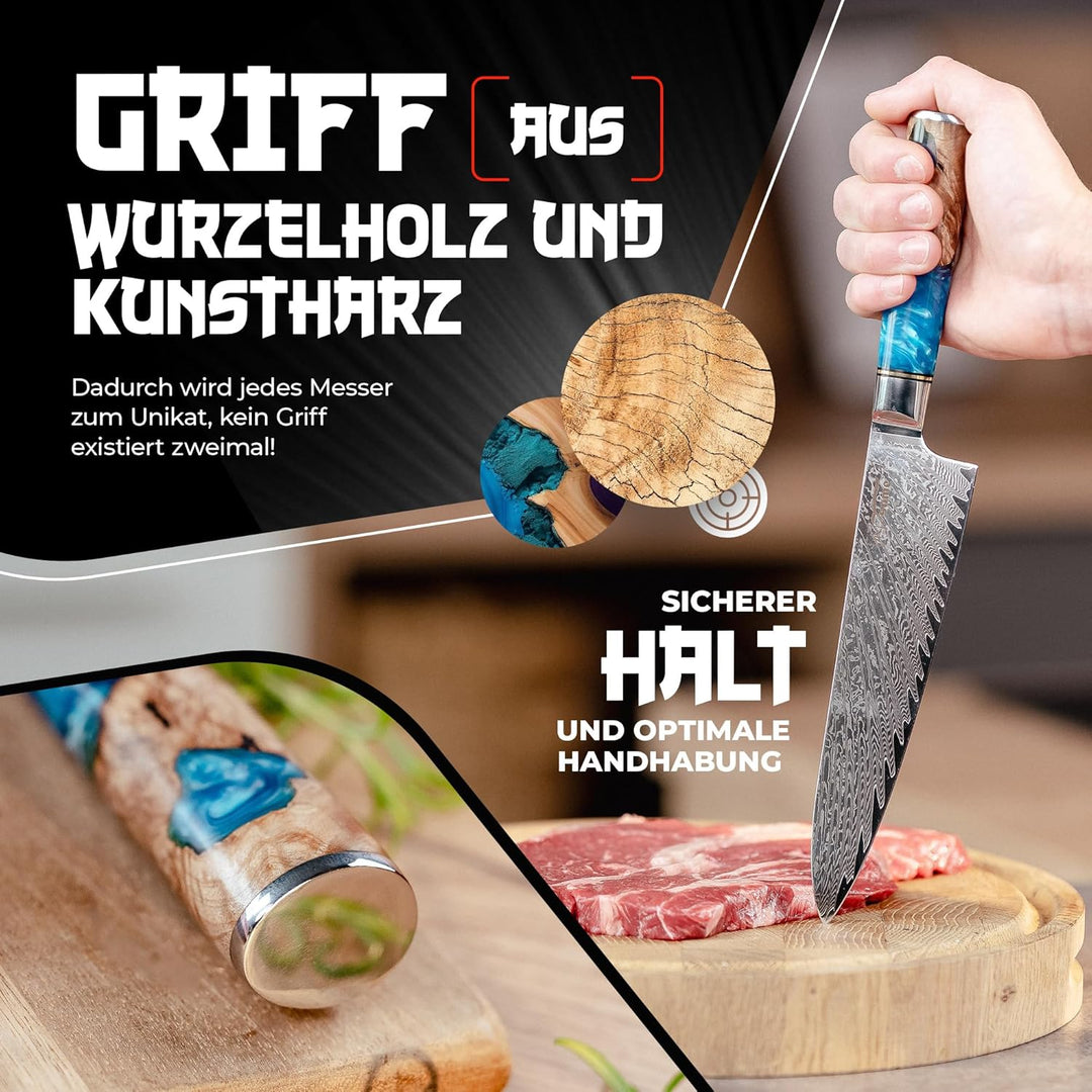 Tsume Profi Set Saphir, Messerset mit 7 Premium Küchenmessern, Echte Damast Küchenmesser, 67 Schicht