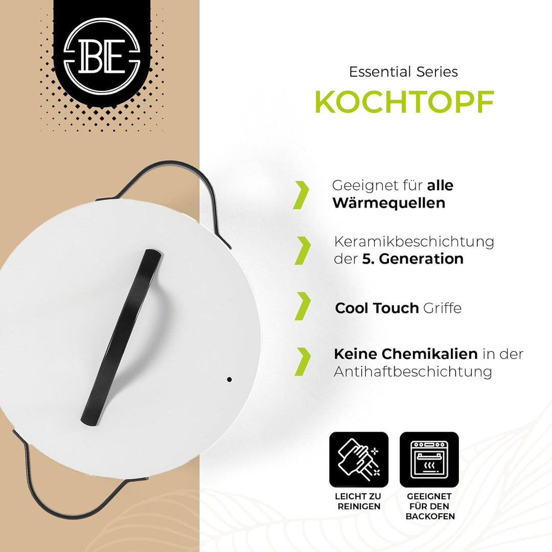 BE Living Essential Schmortopf mit Deckel – Ø 24 cm – Keramische Antihaftbeschichtung – Induktionsge
