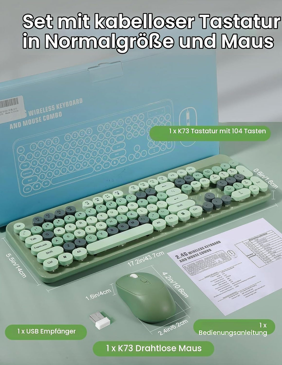 LAMA Tastatur Maus Set Kabellos, Retro runde Schreibmaschine Tastatur mit 104 Tasten &amp; Ziffernblock,