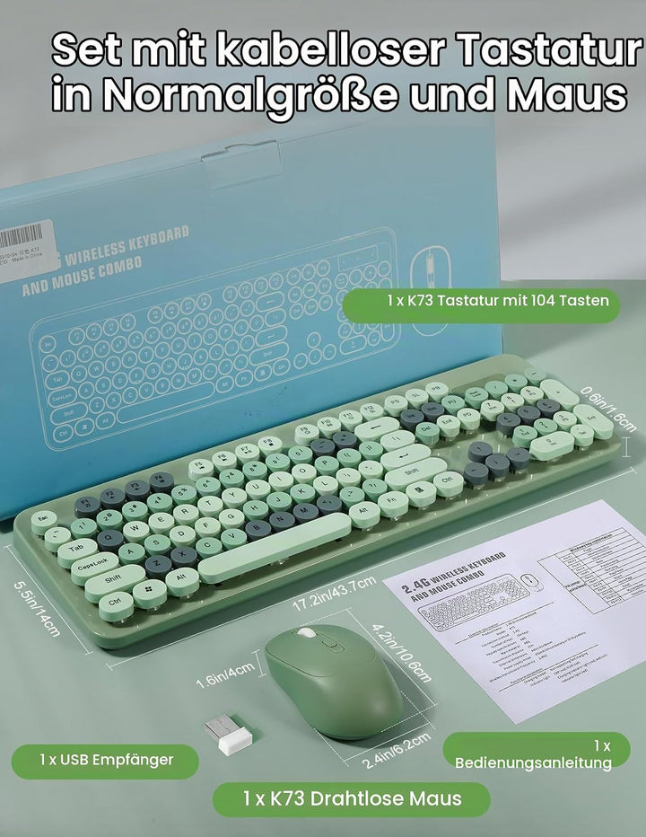 LAMA Tastatur Maus Set Kabellos, Retro runde Schreibmaschine Tastatur mit 104 Tasten &amp; Ziffernblock,