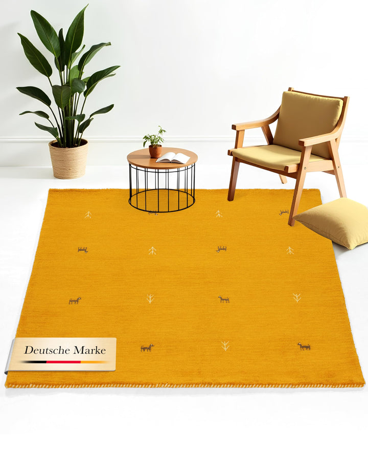 carpetfine Wollteppich Gabbeh Uni Quadratisch Gelb 60x60 cm | Moderner Teppich für Wohn- und Schlafz
