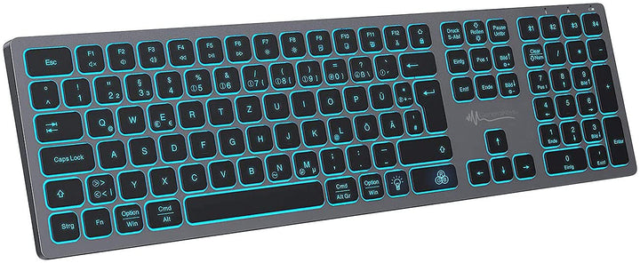 GeneralKeys Tastatur beleuchtet: Funk-Tastatur, farbige Beleuchtung, Slim, Scissor-Tasten, Akku, 2,4