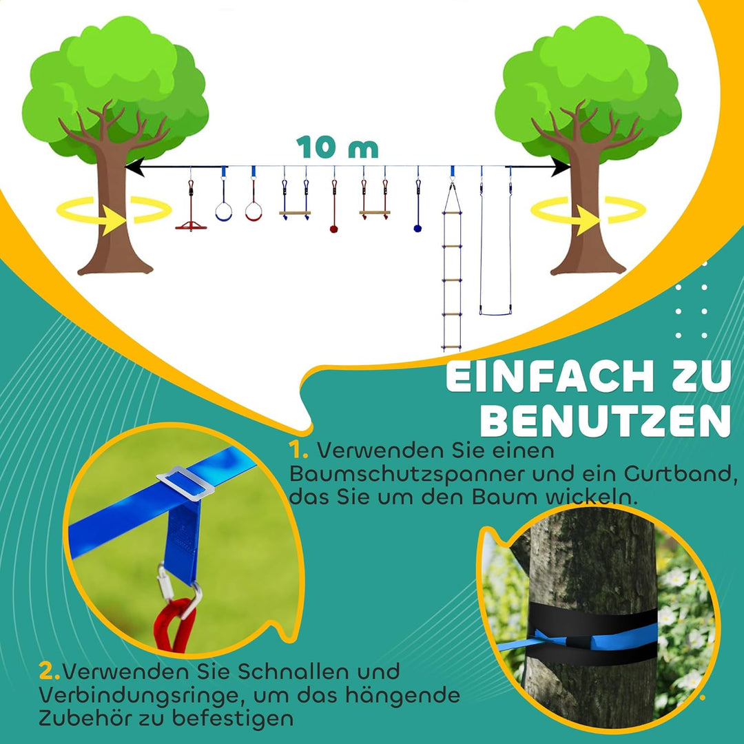 AIYAPLAY Ninja Line Kinder 10m Slackline Set mit Turnringe, Schaukel, Kletterleiter, Baumschutz, Kle