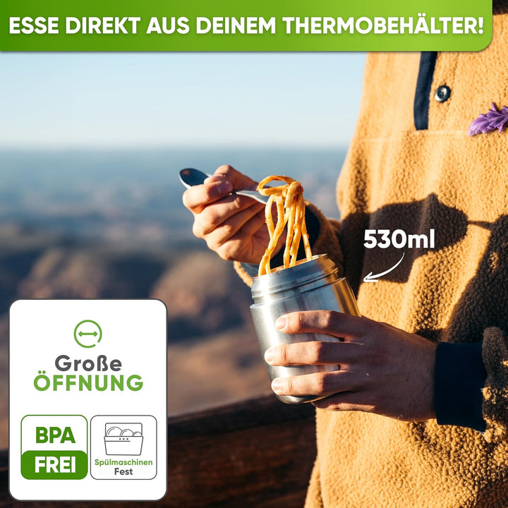 Blockhütte Edelstahl Thermobehälter für Essen I 530 ml I mit Löffel, Thermobecher für Kinder, Erwach