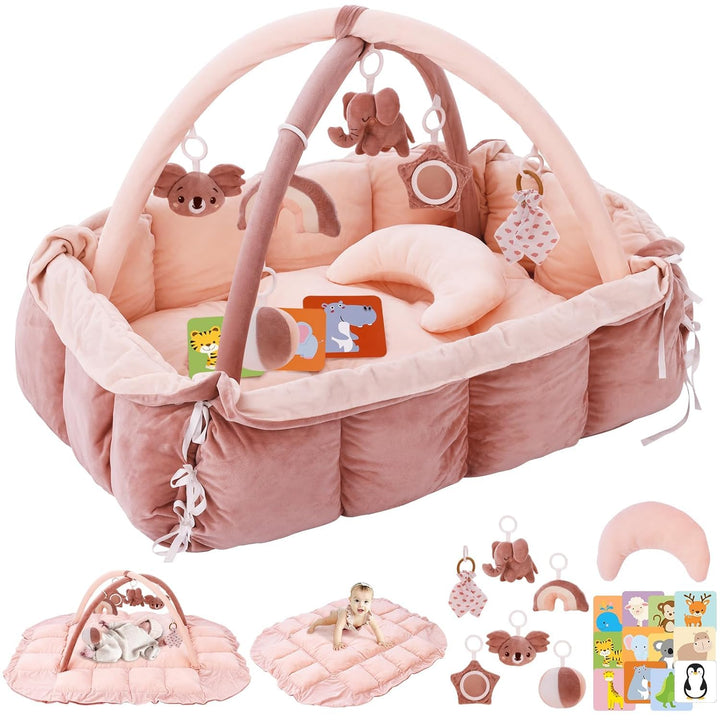 BOBY´S Baby Spielbogen mit Babynest &amp; Krabbeldecke – Baby Gym mit Spielzeug – Spielmatte, Laufstall