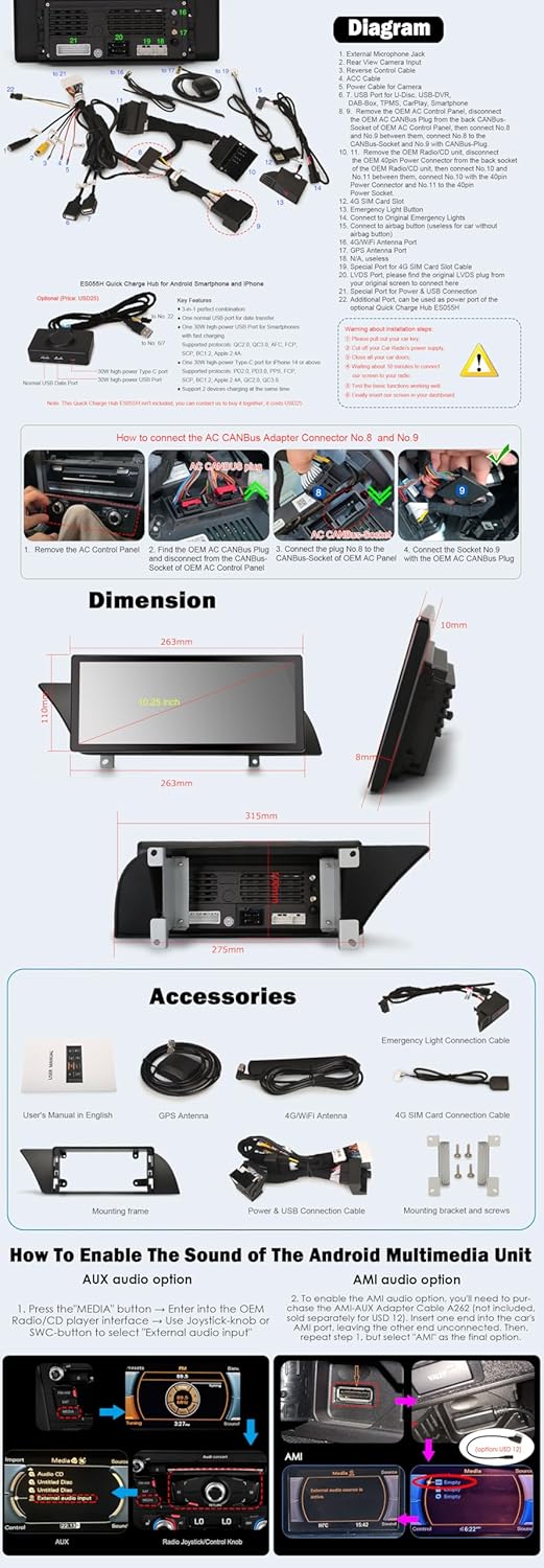 Erisin 10.25" 8-Kern 4GB RAM+64GB ROM Android 12 Autoradio GPS Navi für Audi A4/A5/B8/S4/S5 (2009-20