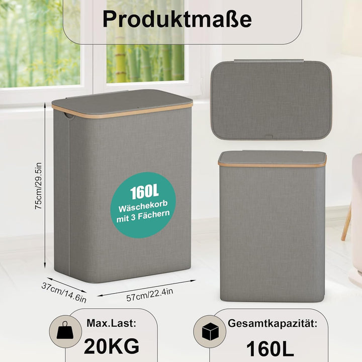 AdelDream 160L Wäschekorb mit Deckel 3 Fächer Wäschekorb Wäschesack schmal Wäschesortierer Wäschebox