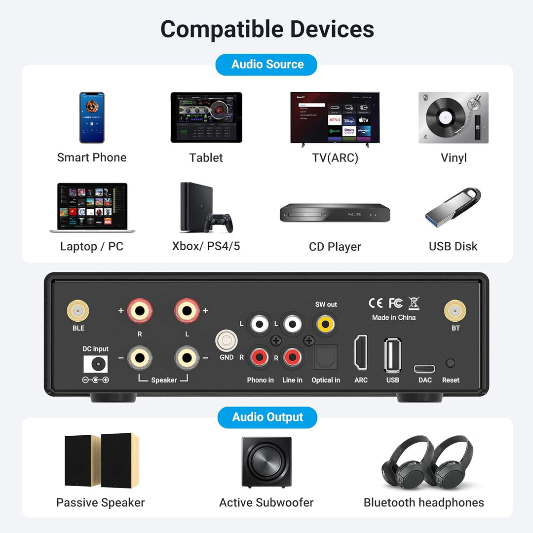 Arylic B50 Verstärker mit Bluetooth, Stereo Amplifier, 2 Kanal 50W*2 Home Audio AMP, mit HDMI, ARC,