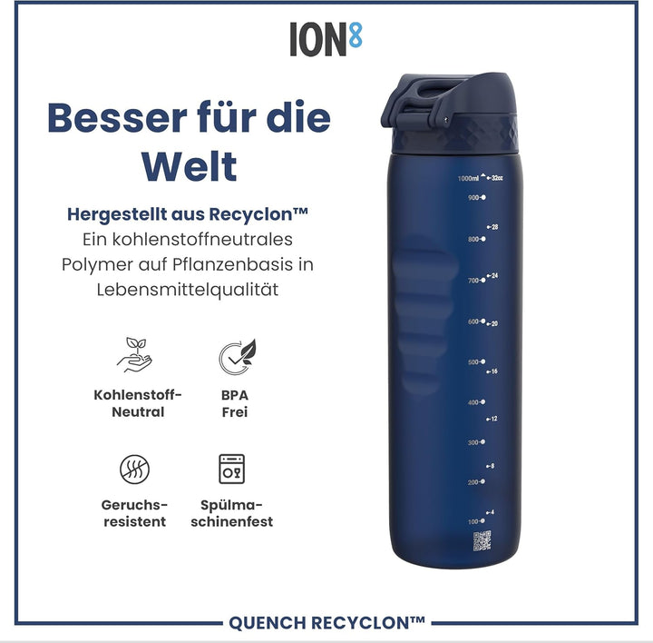 ion8 1 Liter Trinkflasche, 1000ml, Auslaufsicher, Einhandöffnung, Sichere Verriegelung, Spülmaschine