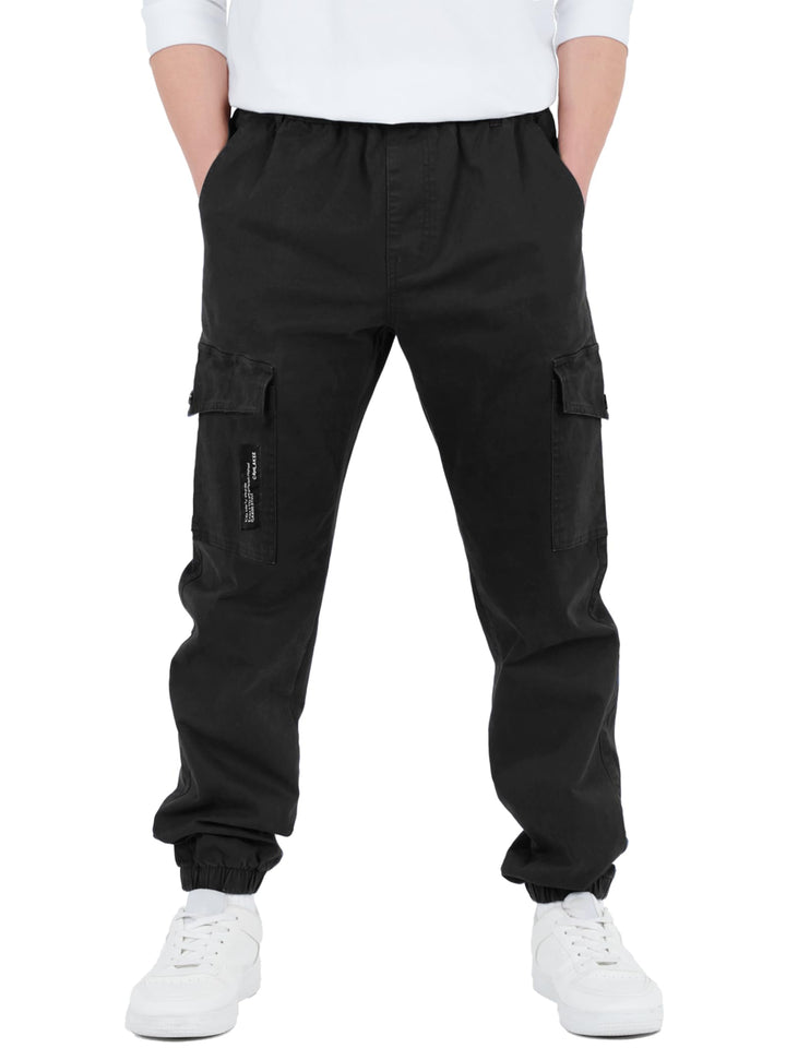 CAMLAKEE Kinder Jungen Cargohose Jogger Hose mit elastischem Bund 128-134 Schwarz, 128-134 Schwarz