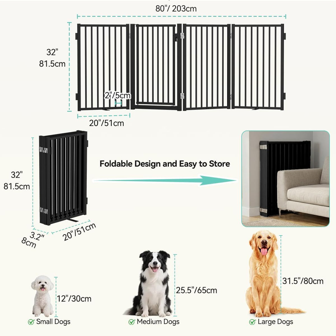 COMOMY Metall Hundegitter Freistehend mit Tür, 203cm Extra Breit Absperrgitter Hund Wohnung, 81cm Ho