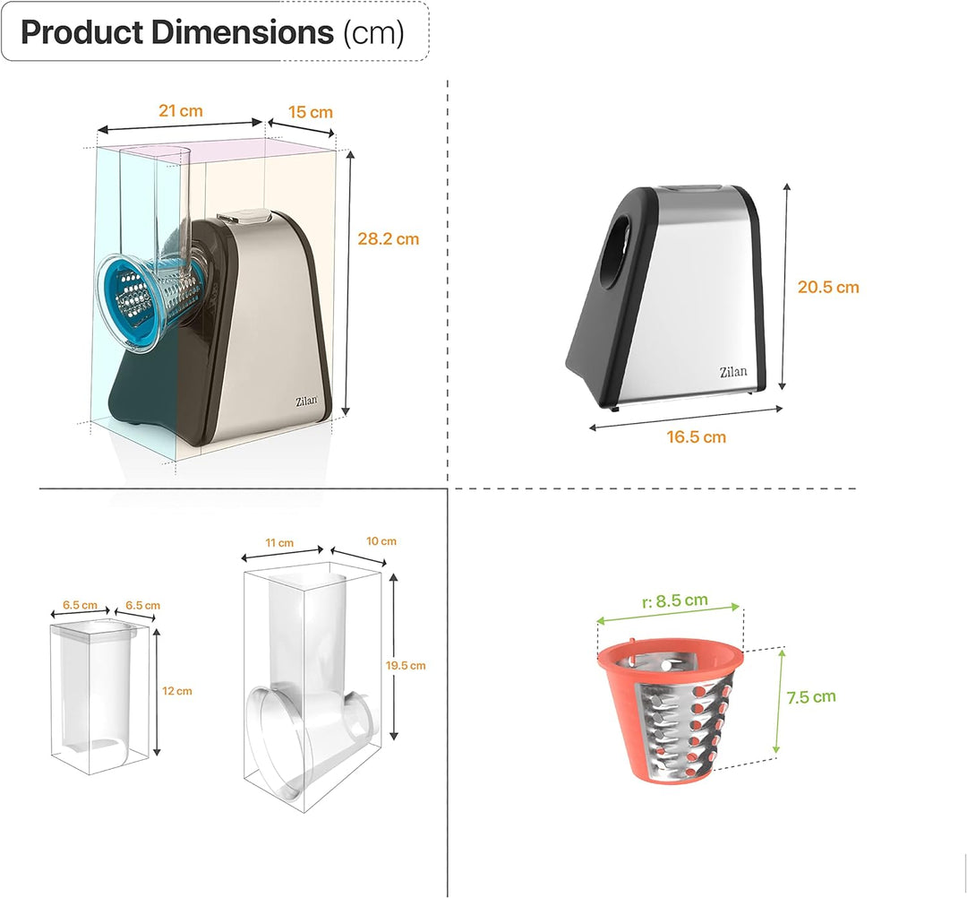 Zilan Gemüseschneider, elektrisch, 4 in 1, Raspeln, Schaben, Mandoline, Gemüse, Obst, 200 W