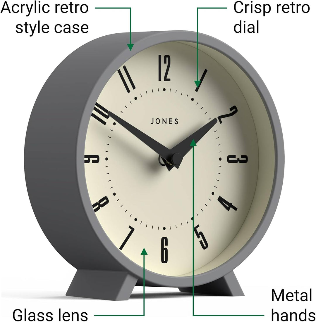 JONES CLOCKS® Venus schreibtischuhr | Modernes rundes Design | Grau | Stilvoller retrolook für Regal
