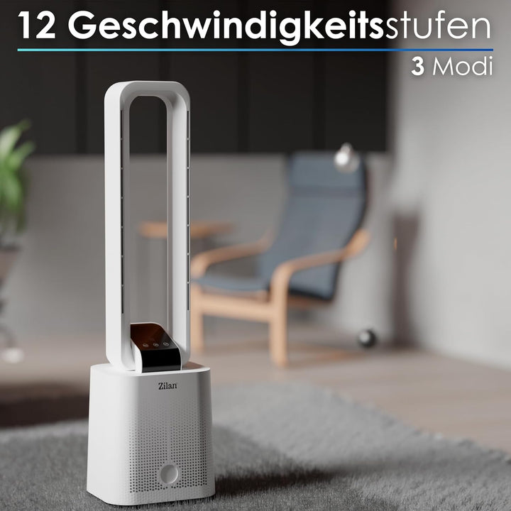 Zilan Turmventilator Blattlos Leise Standventilator mit Fernbedienung – 12 Stufen, 3 Modi, BLDC Moto