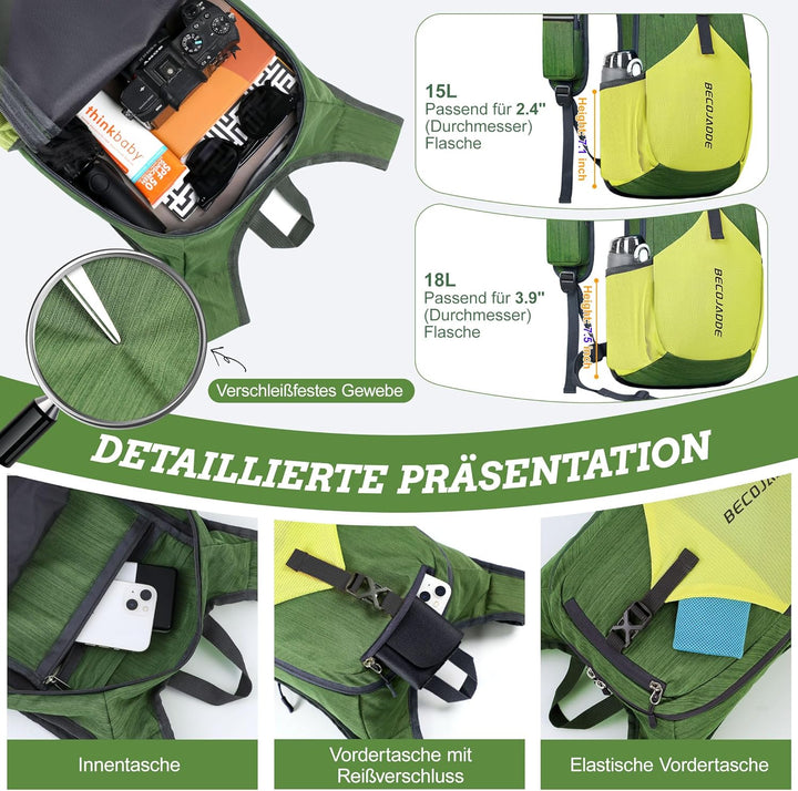 BECOJADDE 15L Wanderrucksack Herren Kleiner Rucksack Damen Leichter Daypack Tagesrucksack Faltbarer