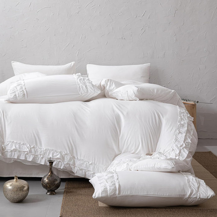 Herside Weiss Rüsche Bettwäsche 240x220 cm Böho Bettwäsche Sets 2-Schicht Weiss Rüschen Design Weich
