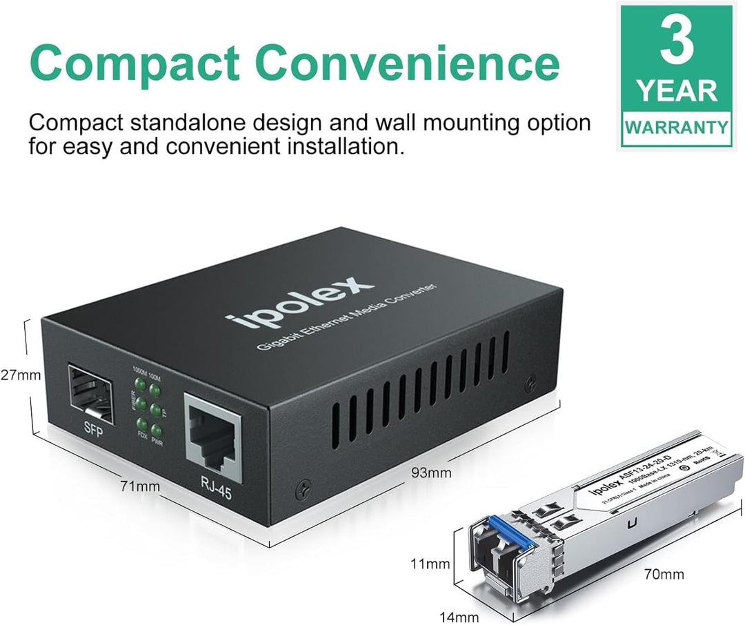 ipolex Gigabit Ethernet Medienkonverter LWL Glasfaser Singlemode LC, mit 1G SFP LX Transceiver-10/10