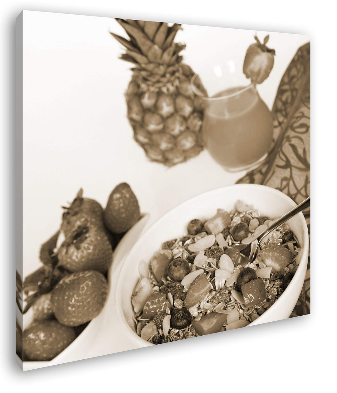 deyoli gesundes Müsli mit Obst im Format: 60x60 Effekt: Sepia als Leinwandbild, Motiv auf Echtholzra