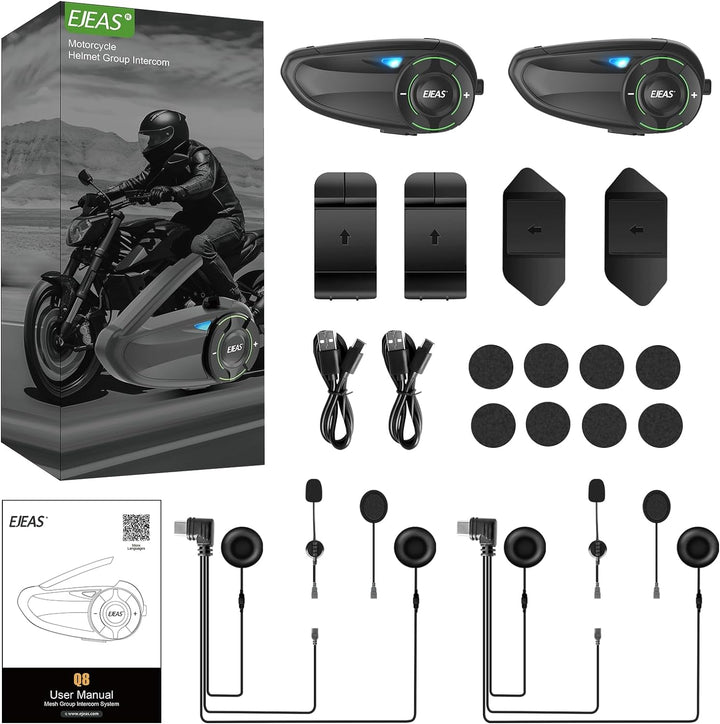 EJEAS Q8 Mesh Motorrad Bluetooth Headset, Helm Intercom für bis zu 6 Motorradfahrer Kommunikationssy