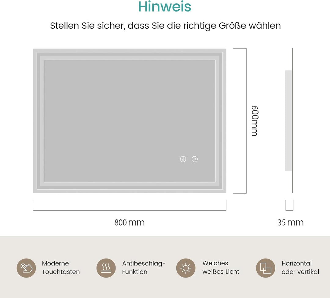 EMKE Badspiegel mit Beleuchtung 80x60cm kaltweiss dimmbar mit beschlagfrei, Touch, Speicherfunktion,