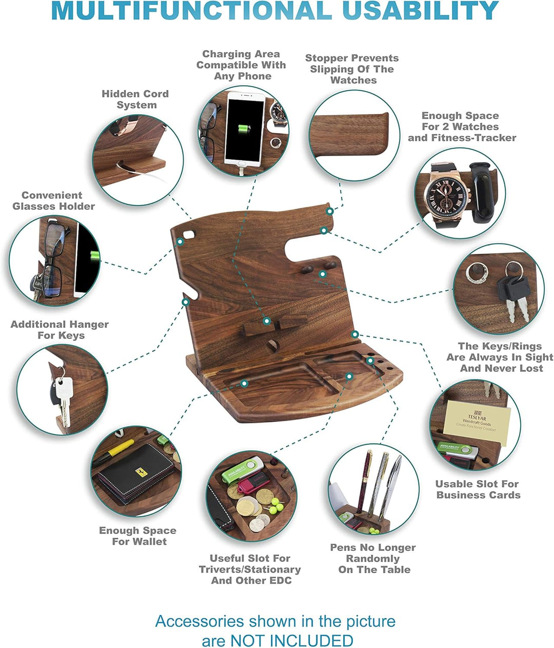 TESLYAR Holz Telefon Dockingstation Nussbaum Geldbörsenständer Schlüsselhalter & Uhren Organisator H