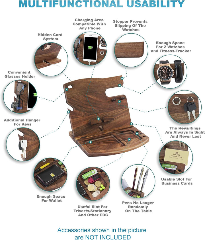 TESLYAR Holz Telefon Dockingstation Nussbaum Geldbörsenständer Schlüsselhalter & Uhren Organisator H