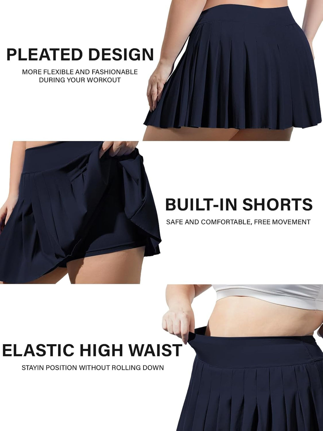 Moon Wood Damen Mini Rock Elastisch Hohe Taille Solid Basic Gefaltet Röcke Tennis Skater Skirt Kurz