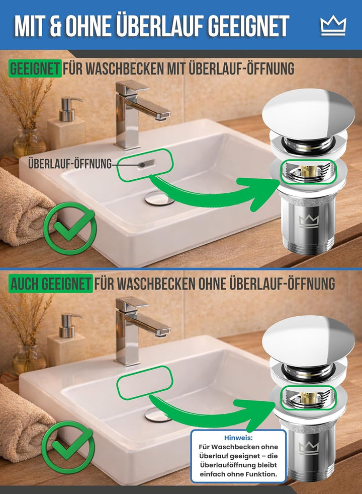 FEINER® 2-er Set, Waschbecken Ablaufgarnitur für Waschbecken &amp; Waschtisch Aller Art MIT Überlauf, St