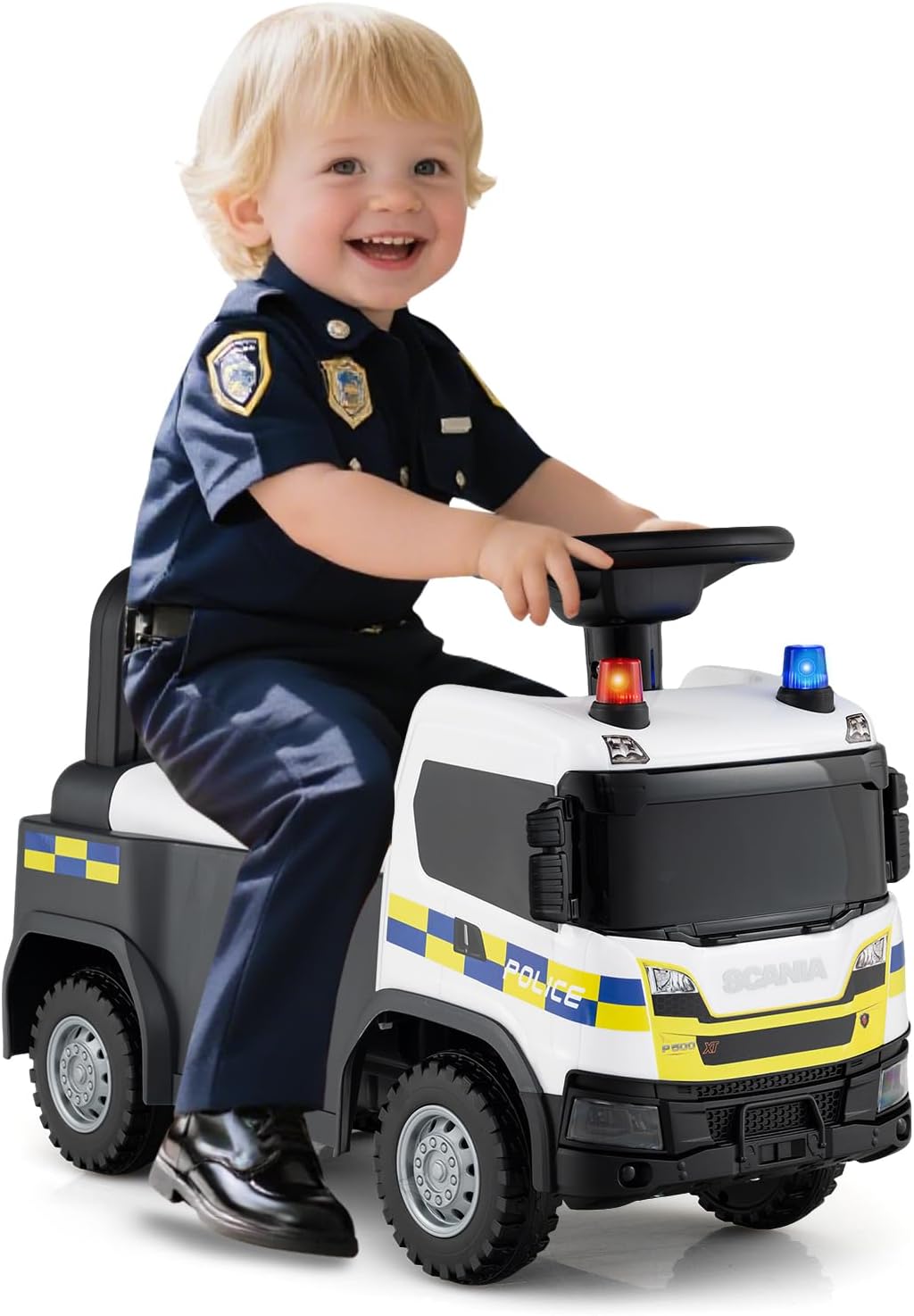 COSTWAY 2 in 1 Rutschauto, Polizeiauto mit Lenkrad, LED-Licht, Hupe & Musik, Rutscher Auto mit Staur