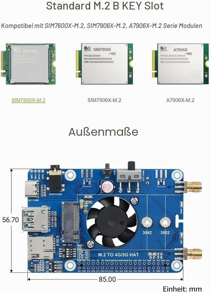 Waveshare SIM7600G-H M.2 4G Hat for Raspberry Pi LTE CAT4 High Speed Global Coverage Multi Band 4G/3