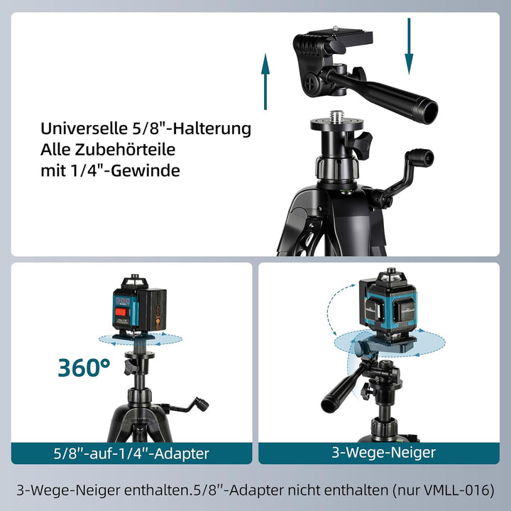 Laser-Stativ SLT01 – Höhenverstellbar 47–130 cm, Aluminium Stativ mit Kurbel-Feinhub, 360° Drehkopf,