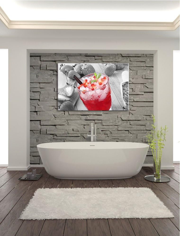 Erdbeercocktail neben Kandiszucker schwarz/weiss Format: 100x70 auf Leinwand, XXL riesige Bilder fer