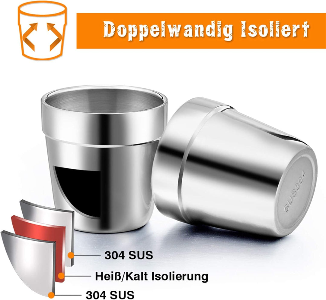 TEAMFAR Espressotassen 4er-Set, Edelstahl Dickwandige Doppelwandige Trinkbecher Teetasse Kaffeetasse