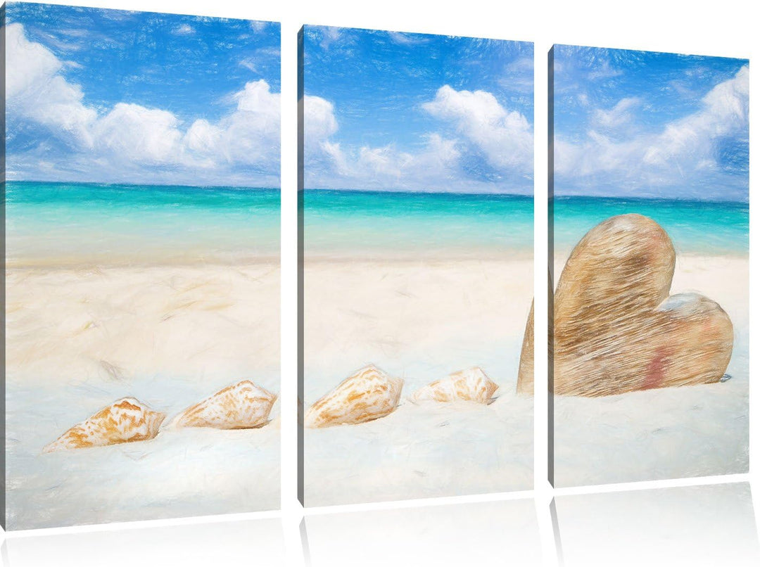 Pixxprint Sandstrand mit Muscheln als Leinwandbild/Grösse: 3 Teilig (120x80) cm/Wandbild/Kunstdruck/