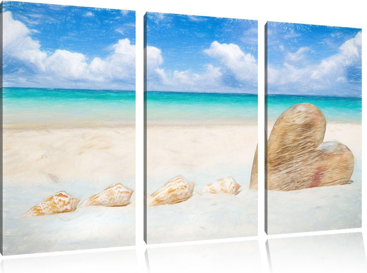 Pixxprint Sandstrand mit Muscheln als Leinwandbild/Grösse: 3 Teilig (120x80) cm/Wandbild/Kunstdruck/