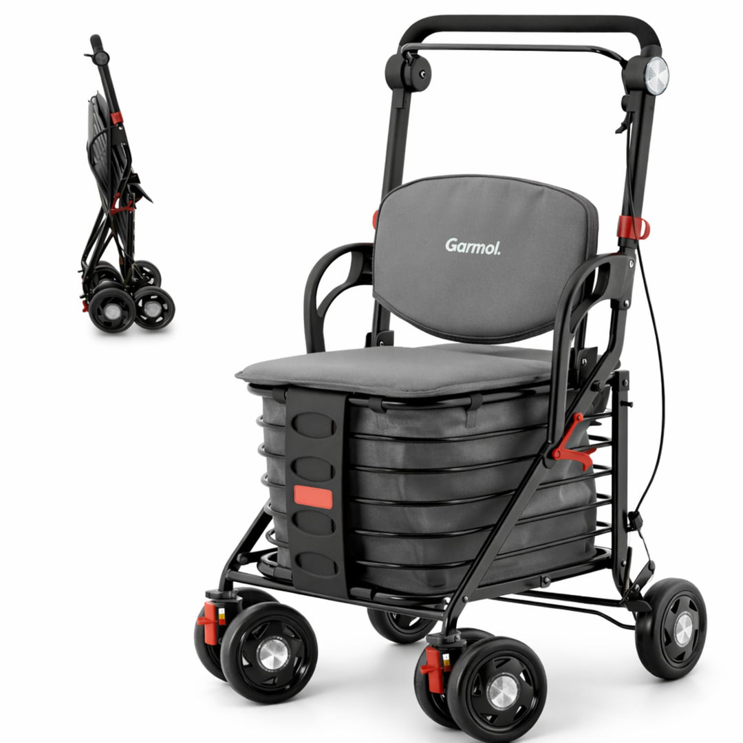 GARMOL Relax Einkaufstrolley mit gepolstertem Sitz, 30 l, faltbar, mit Handbremse und Sicherheit, Ve