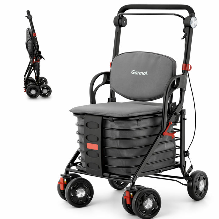GARMOL Relax Einkaufstrolley mit gepolstertem Sitz, 30 l, faltbar, mit Handbremse und Sicherheit, Ve
