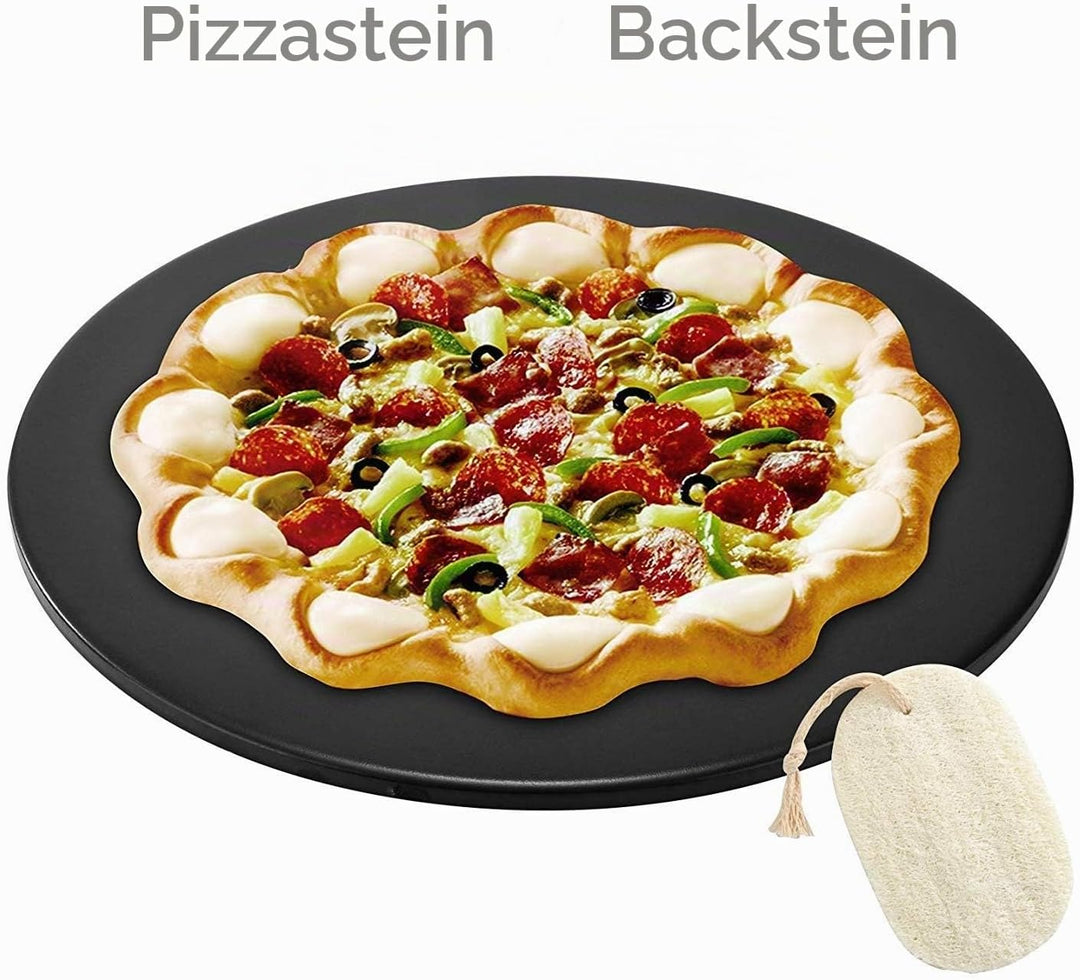 Pizzastein für Ofen, Grill, schwarze Glasur, BBQ, Backstein, rund, Keramik, fleckenfrei, Brotform (s