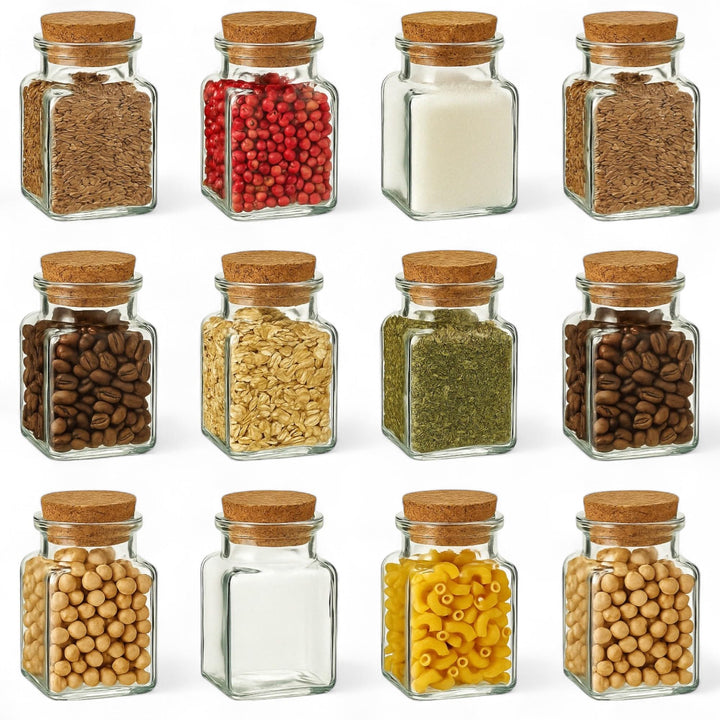 gouveo 12er Set Gewürzgläser 150 ml eckig mit Korken - Kleine Korkengläser mit Korkverschluss - Leer