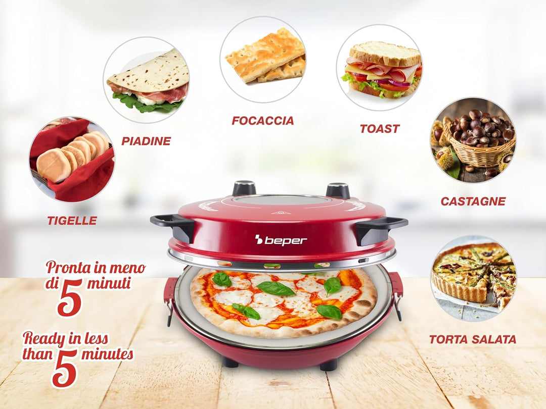 BEPER P101CUD301 Elektrischer Pizzaofen, 1200W, Temperatur 400°C, 31 cm Backplatte, Pizzaofen mit he
