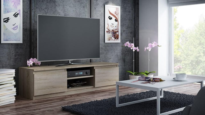 VBChome TV-Schrank 140 x 40 x 36 cm Eiche Sonoma Griffelose Tv-Regal Fernsehtisch mit 2 Türen Holz M