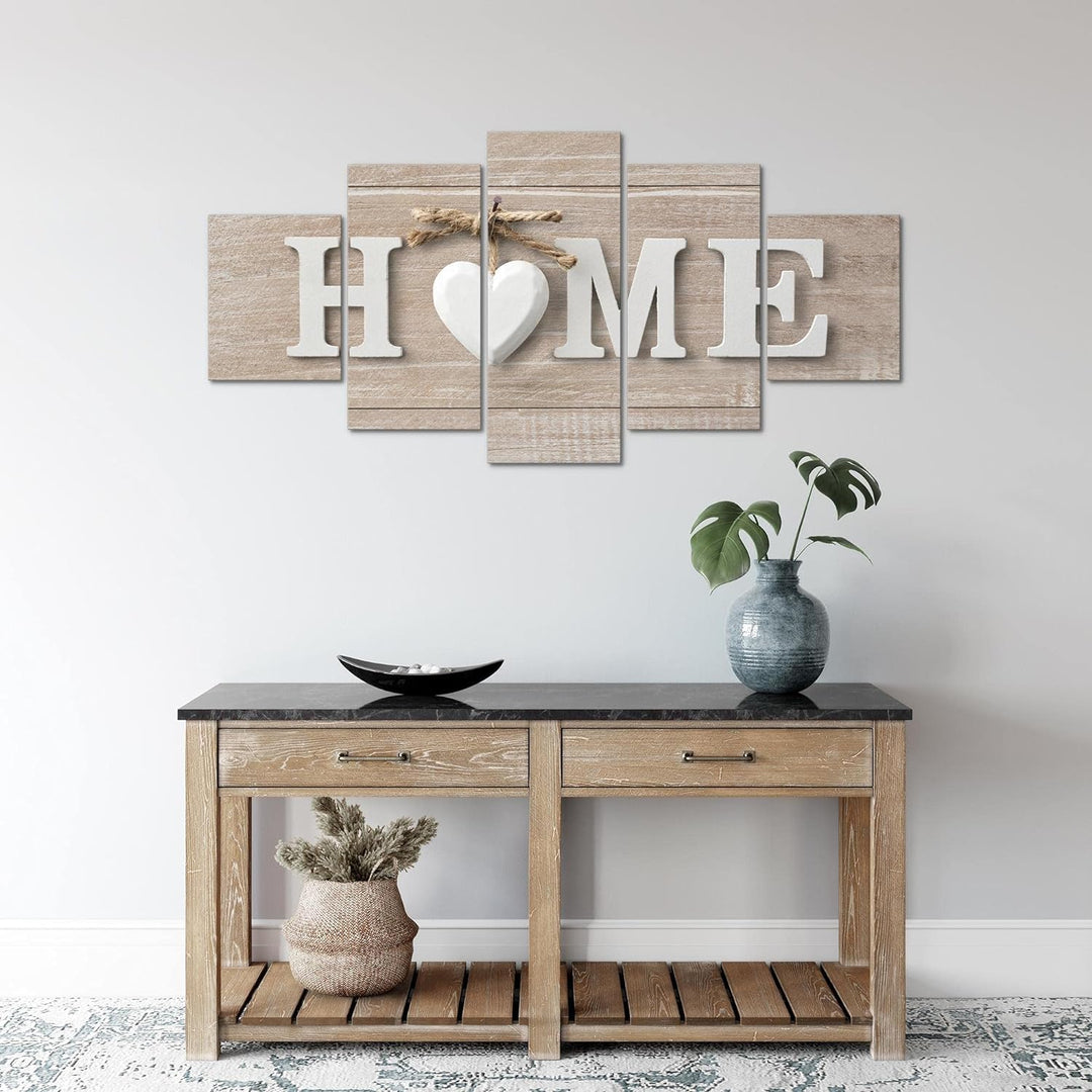 Runa Art Wandbilder Home Holz 5 Teilig Bild auf Vlies Leinwand Deko Wohnzimmer Holzoptik Spruch Beig