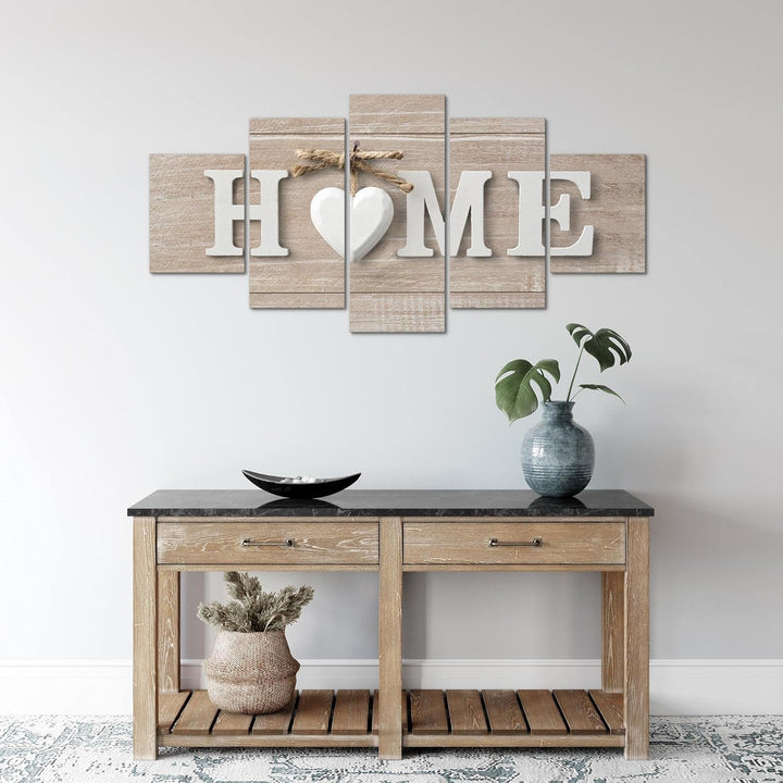 Runa Art Wandbilder Home Holz 5 Teilig Bild auf Vlies Leinwand Deko Wohnzimmer Holzoptik Spruch Beig