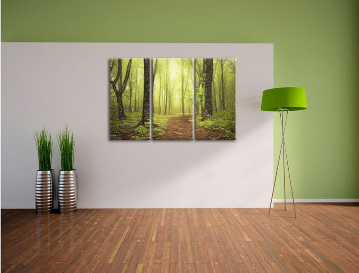 Pixxprint Weg im Wald / 3-Teilig/Gesamtmass 120cm Leinwandbild bespannt auf Holzrahmen/Wandbild Kuns